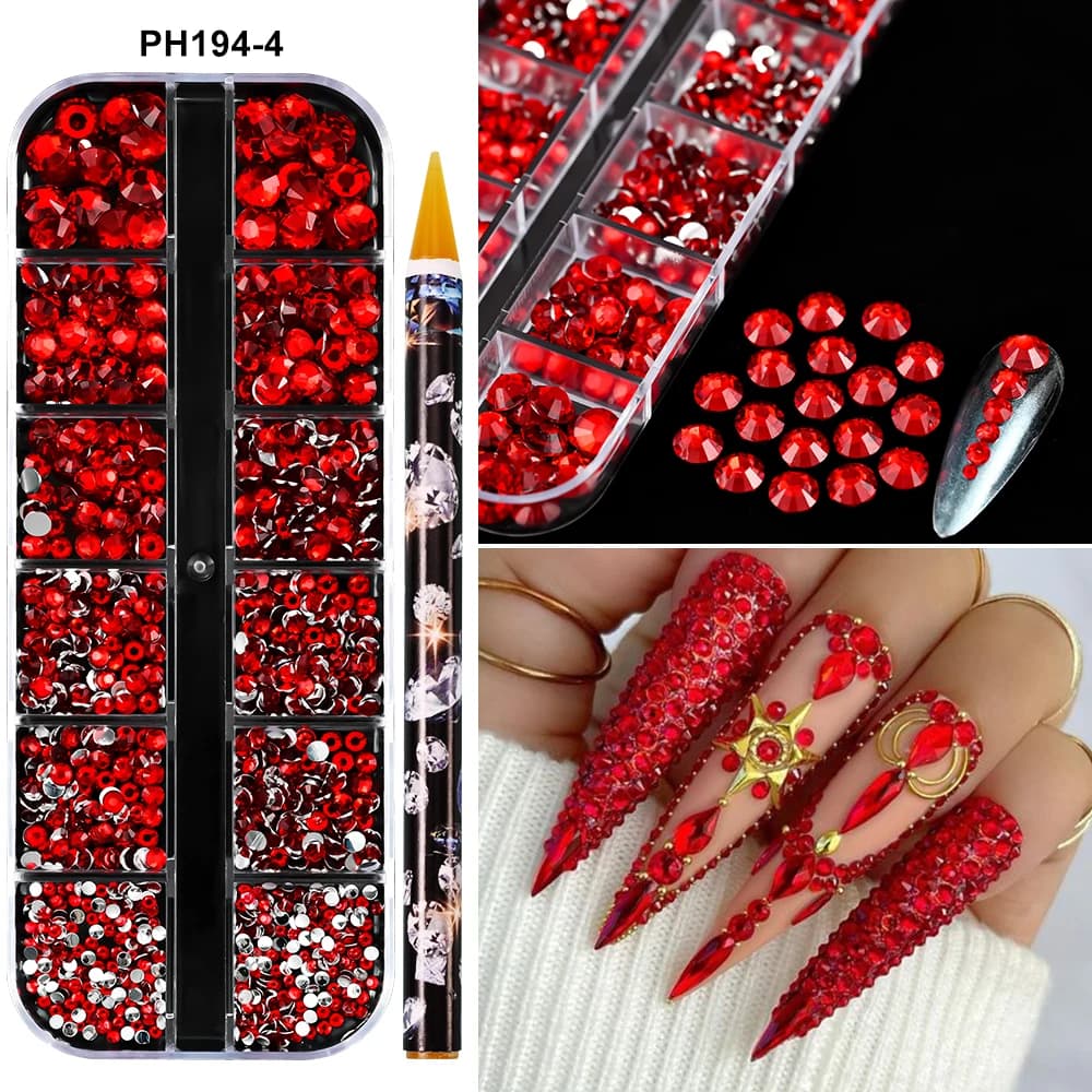 980 Pz/scatola San Valentino Rosso Lusso Nail Art Strass SS4-SS16 Rotondo Rosso Lucido Diamante Per Unghie Con Pick Pen Manicure di Cristallo