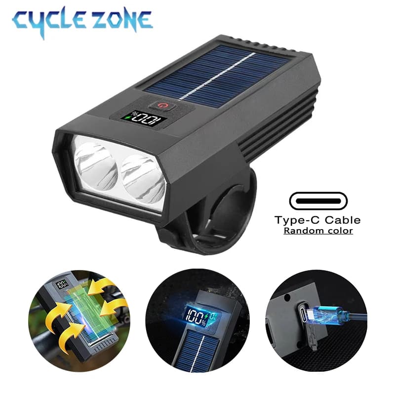 Ricarica solare LED Luce anteriore per bicicletta MTB Bicicletta da strada Display digitale Faro Tipo-C Lampada ricaricabile Accessori per ciclismo