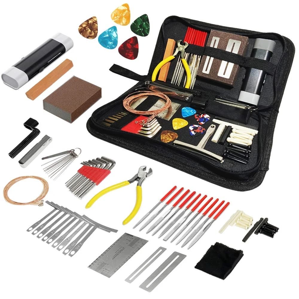 Kit di Riparazione per Chitarra da 72 Pezzi, Set di Strumenti per Manutenzione con Corde, Ponte, Perni, Calibro per Raggio, Lime e Altri Accessori