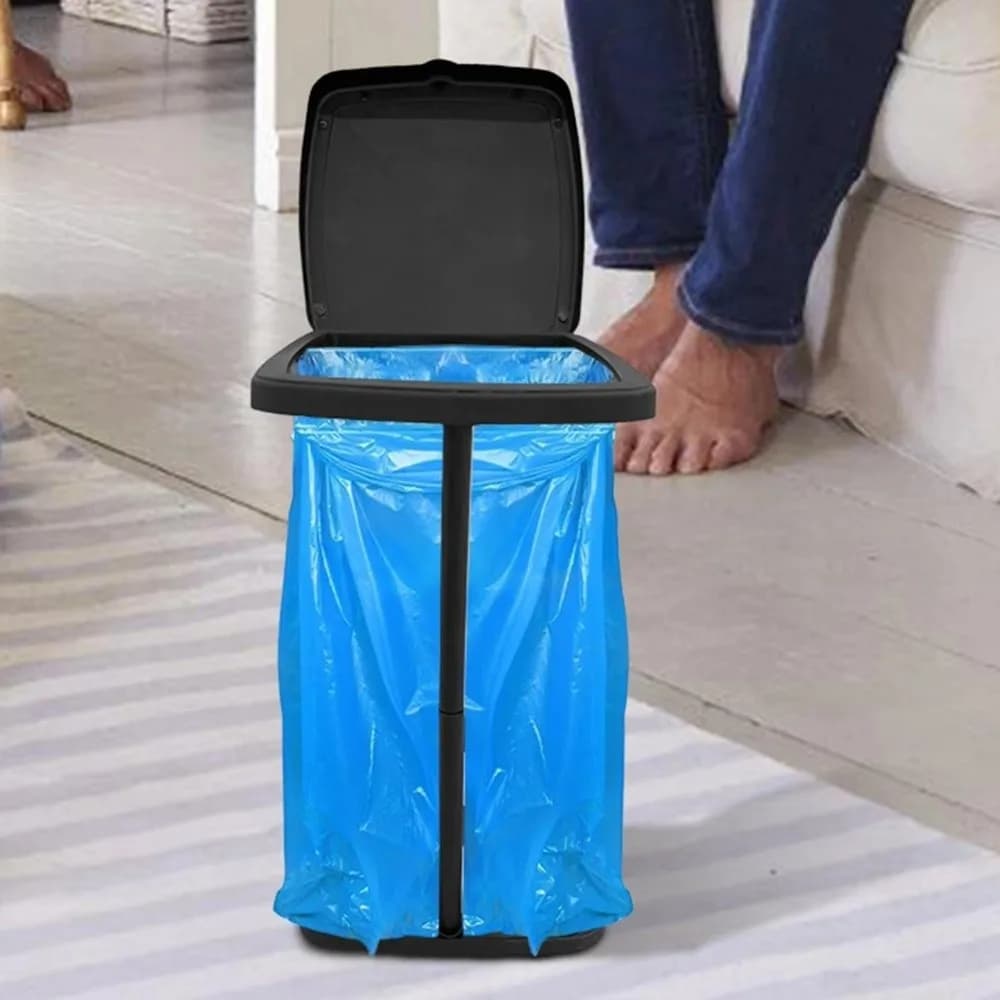 Adjustable Height Garbage Bag Holder ABS Plastic Foldable Retractable Telescopic Trash Can Rack with Lid Black Color