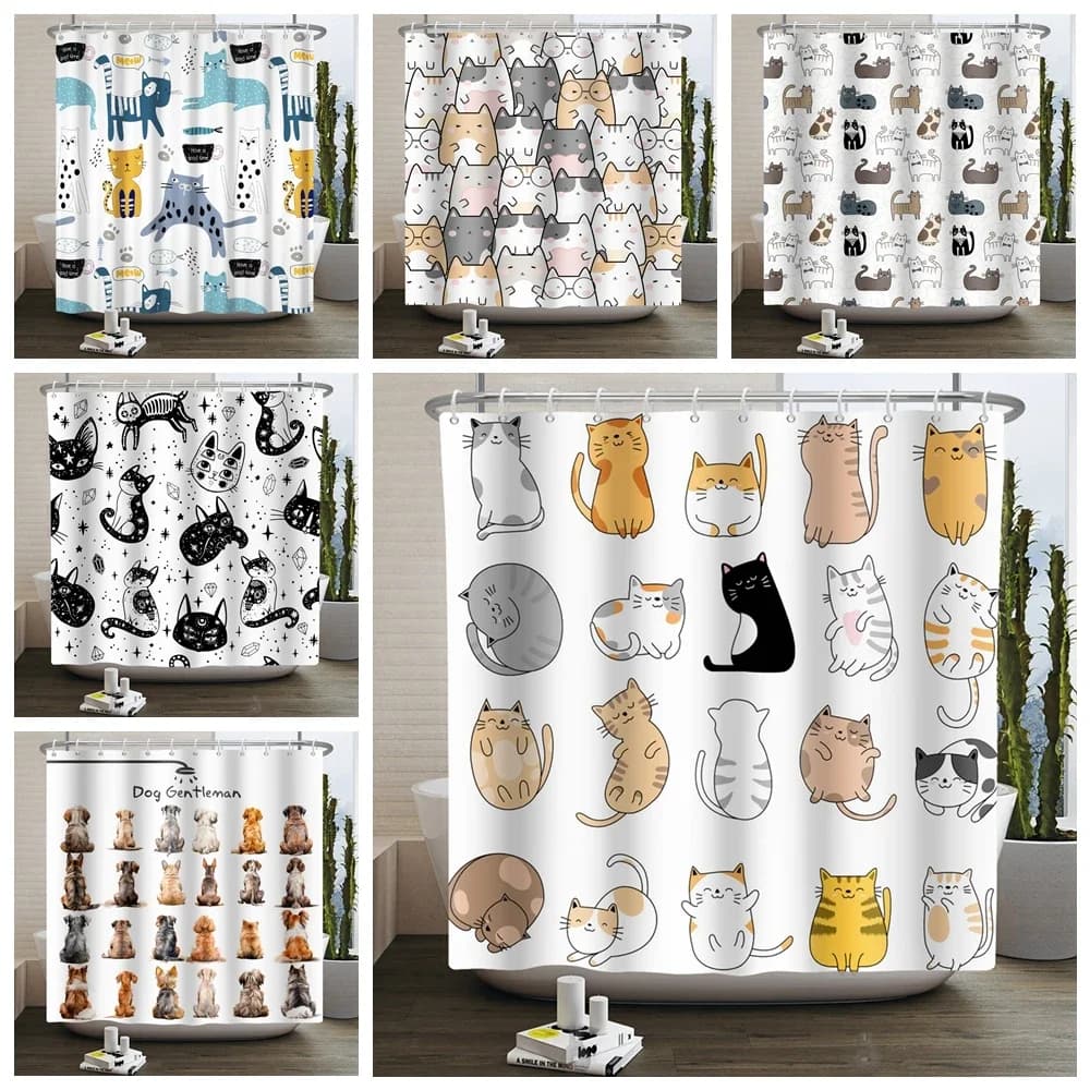 Tenda da doccia per gatti dei cartoni animati Animale divertente Simpatico gatto Cane Bambini Stampa Bagno impermeabile Tende da doccia per bagno Decorazione con ganci