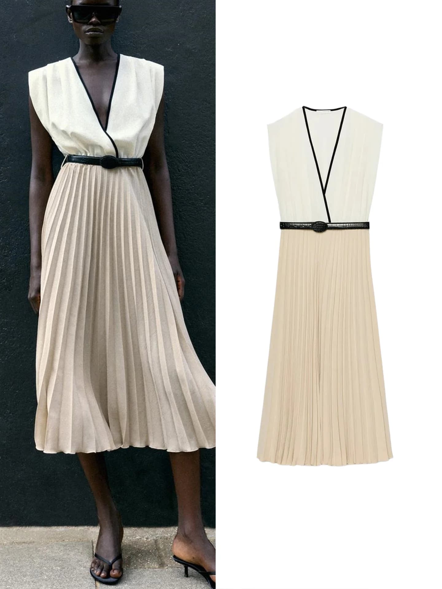 New Autumn Women's Sleeveless Double-breasted V-neck Color Block Pleated Midi Dress Commute Style A-line Skirt Polyester