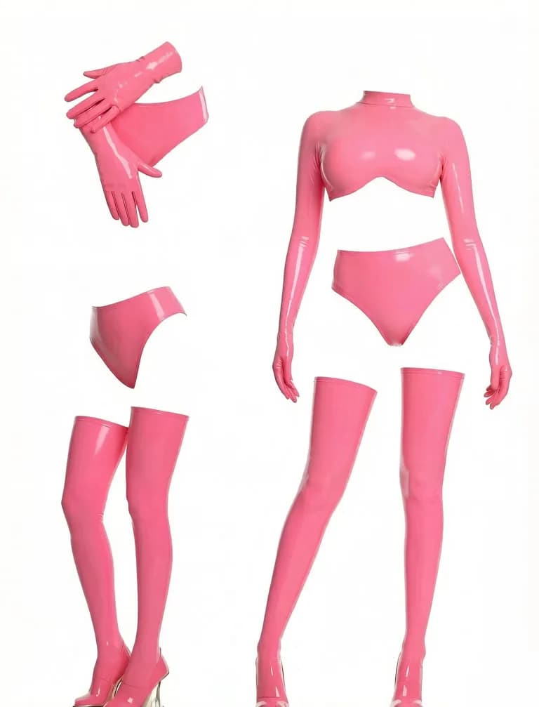 Custom Pink Rubber Outfit Long Gloves Crop Top High Waist Briefs Thigh High Stockings Stage Wear