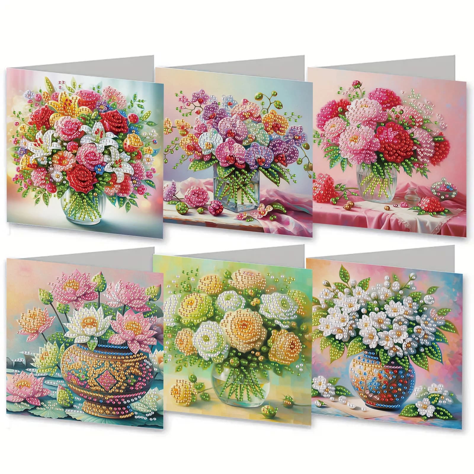 6-Piece DIY Diamond Painting Greeting Card with Envelope, Wishes and Wishes, Floral Theme Unique Design