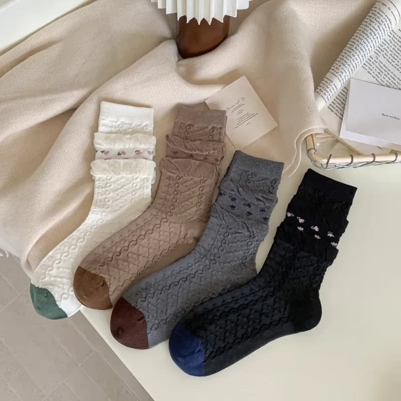 2026 Socks Retro Medium Tube Socks Women Spring Autumn Japanese Relief Pure Desire Tulip Socks Autumn Winter Plant Flower
