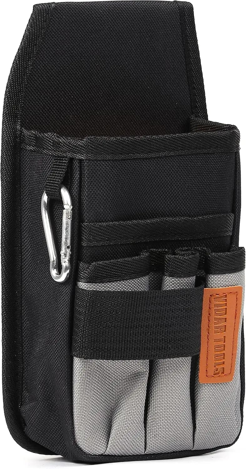 Piccola borsa portautensili con clip da cintura, clip in metallo resistente, 5 tasche per attrezzi da elettricista e mini organizer attaccabile