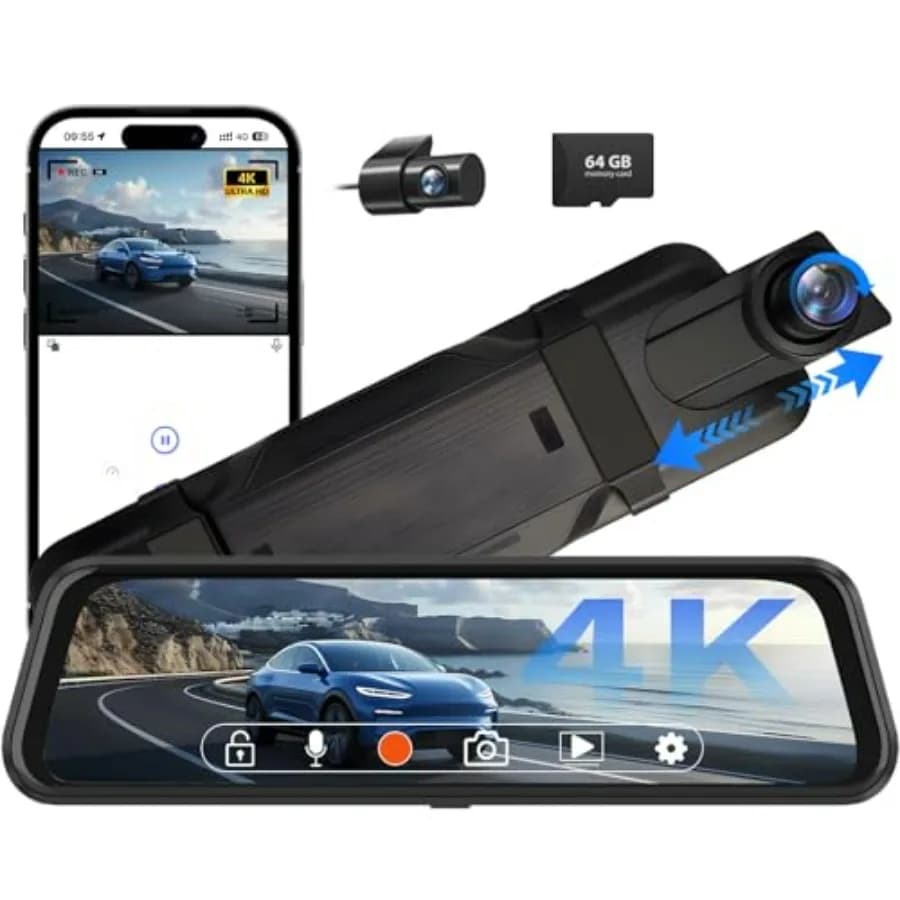 Telecamera per Specchietto Retrovisore 4K, Dash Cam Anteriore e Posteriore con Scheda 64GB, Schermo Touch Completo, Telecamera di Retromarcia 1080P