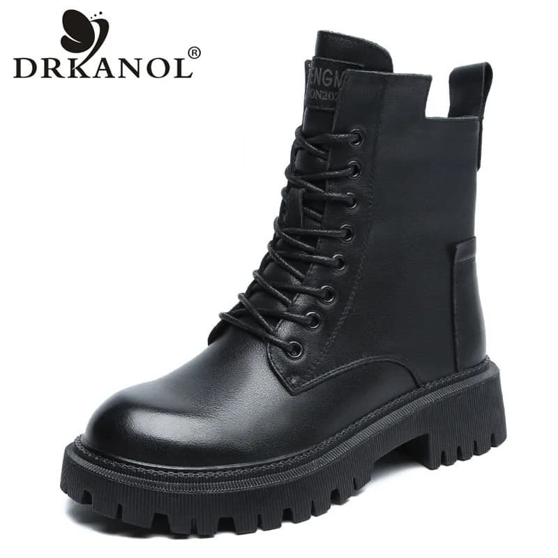 DRKANOL 2026 Women Thick Heel Ankle Boots Quality Cow Genuine Leather Round Toe Autumn Winter Warm Platform Casual Short Boots