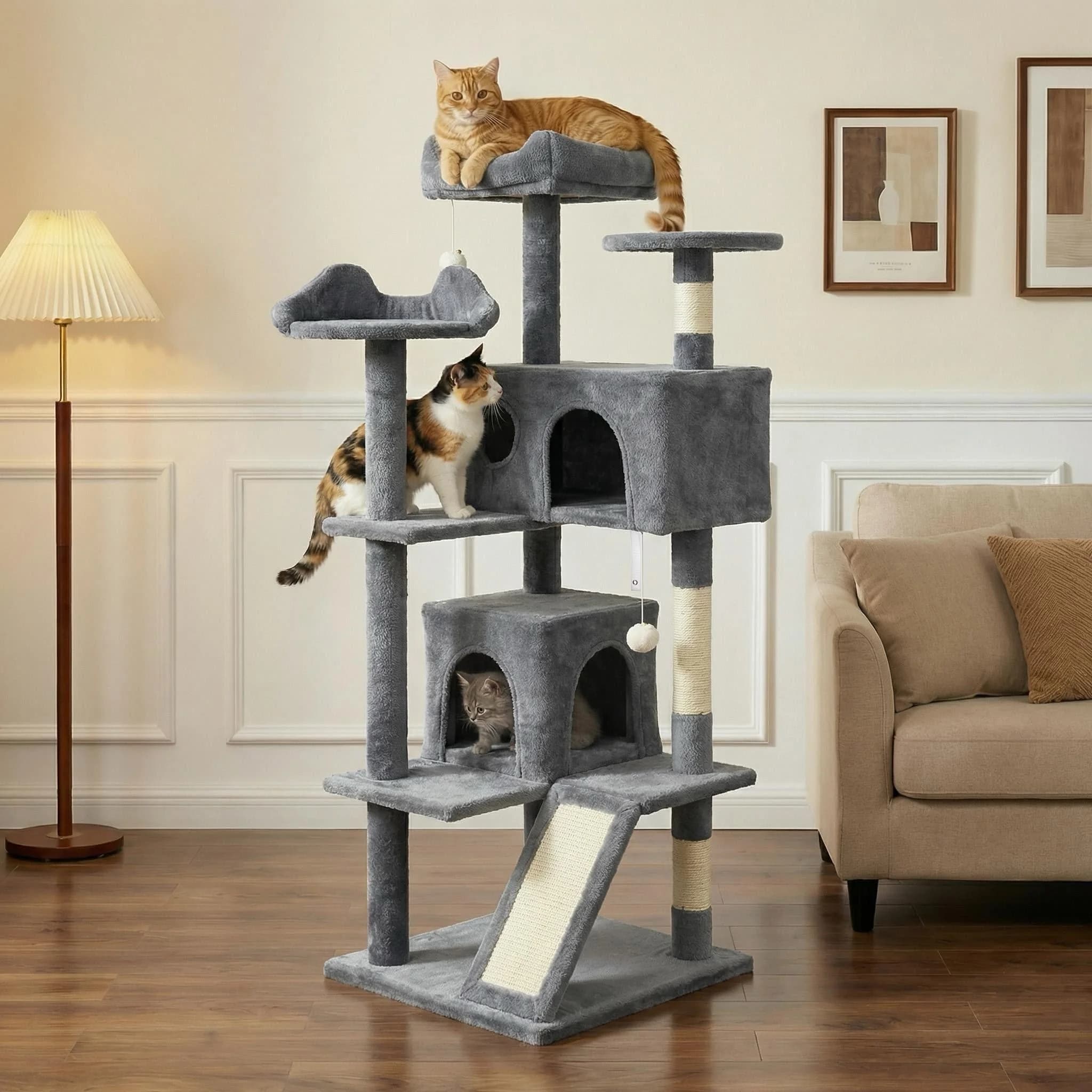 Pawly Cat Tree, Albero per Gatti Alto 132,5 cm, Condo Multilivello in Peluche con 3 Tiragraffi, 3 Posatoi, 2 Grotte, 2 Pompon