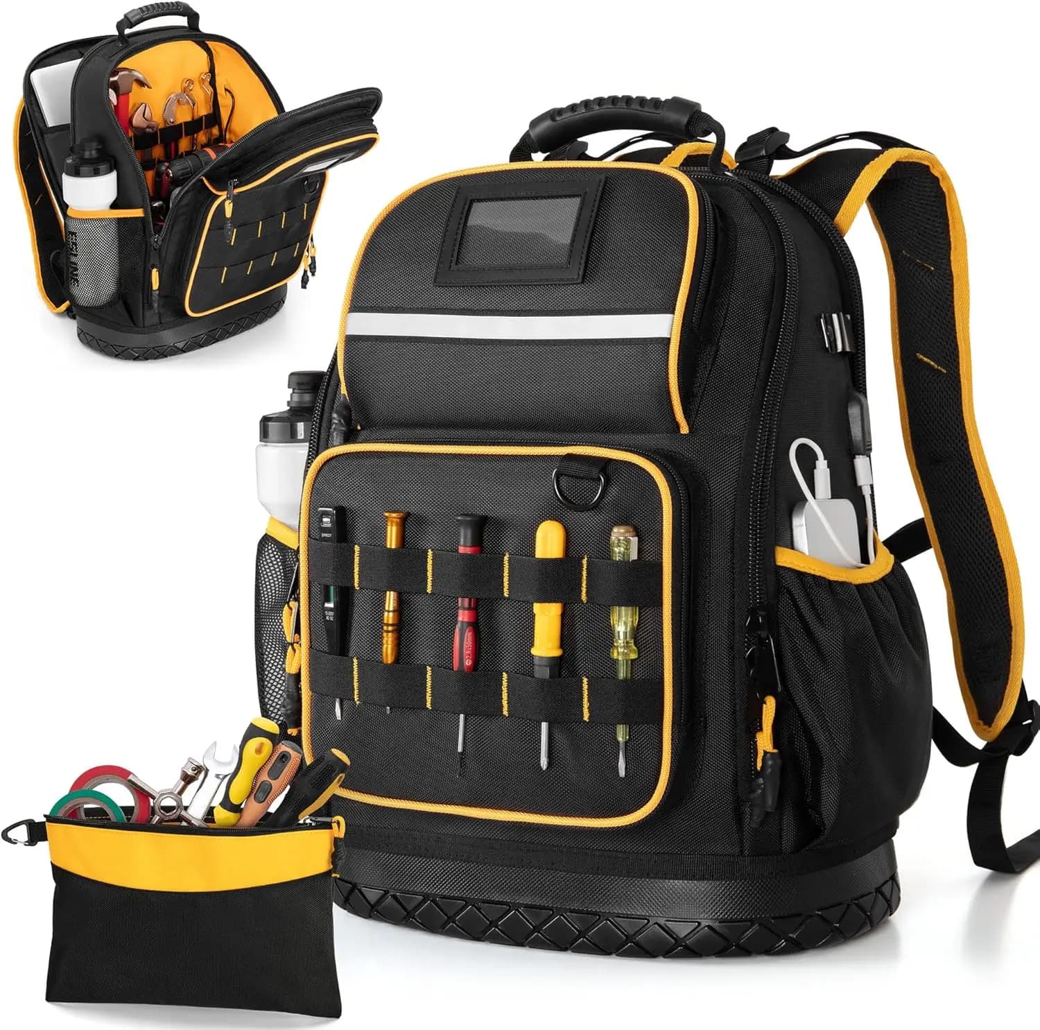 Zaino Porta Attrezzi con Fondo Rigido e Tasca per Utensili, Borsa Porta Attrezzi Resistente con Molteplici Tasche e Scomparto per Laptop, Nero