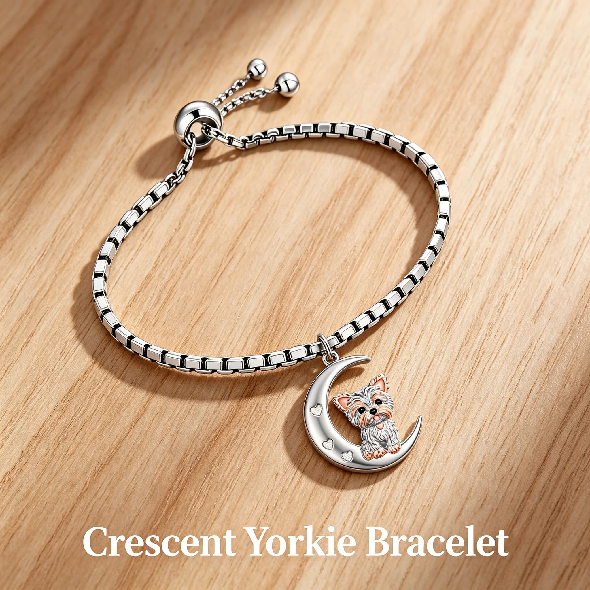 Crescent Moon Yorkie Heart Texture Adjustable Box Chain Bracelet for Women, Moonlit Gentle Companionship Themed Polished Bangle, Warm Pet Lover Jewelry Gift for Yorkie Owners Daily Casual Wear