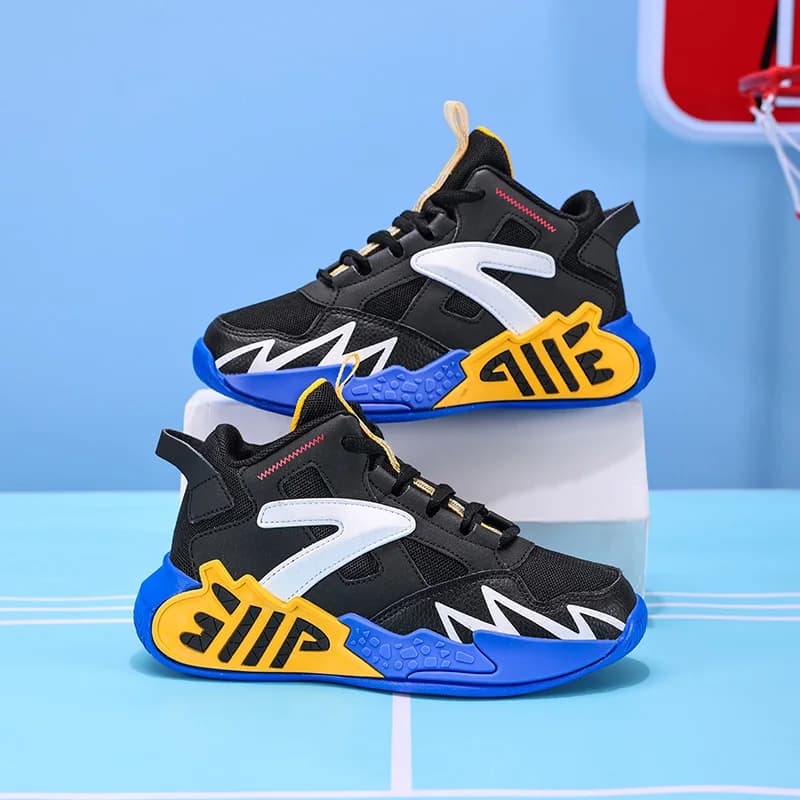 A pair of children's basketball sneakers with non-slip sole, shock-absorbing cushion and ankle support for sports use HL-999
