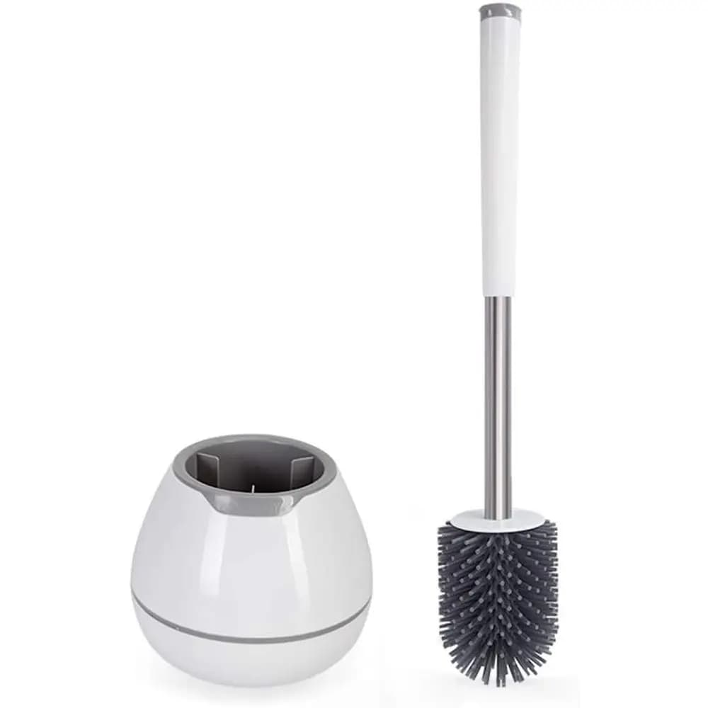 Set di Spazzola per WC in Silicone Bianco con Supporto e Pinzette per la Pulizia del Bagno