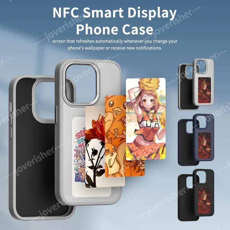 Cover per iPhone 15 14 13 Pro Max con NFC a 4 colori, personalizzabile con schermo E-ink, protezione per telefono con design a cartoni animati.