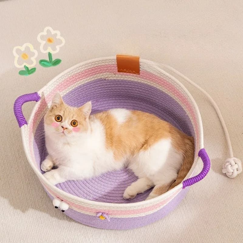Nido per gatti con tessitura in corda di cotone con tappetini rinfrescanti Letto per cuccioli di gattino Viola Morbido comfort Traspirante Casa per cani