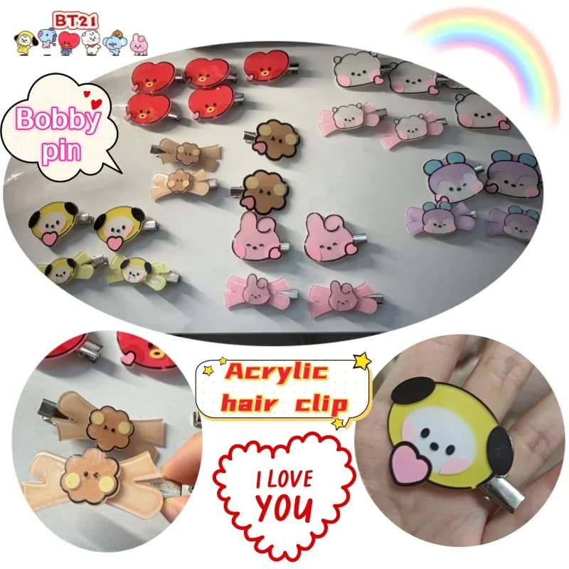 BT21 koya RJ Shooky Mang Chimmy Tata Cooky Fermaglio per capelli creativo e distintivo con elevato valore estetico, in acrilico, per frangere i capelli e fissare i capelli ribelli