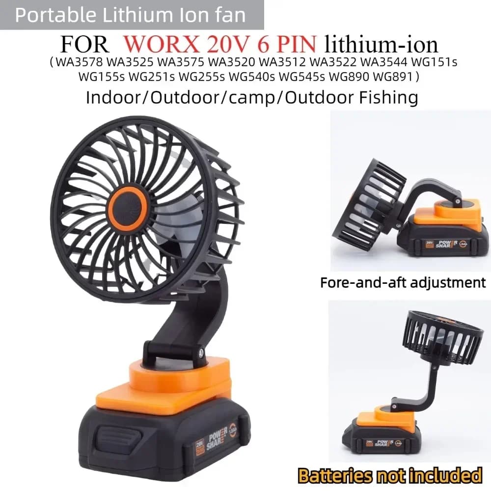 Ventilatore da campeggio portatile per WORX 20V 6PIN Batteria agli ioni di litio Ventilatore da campeggio esterno senza fili per cantiere portatile (batterie non incluse)