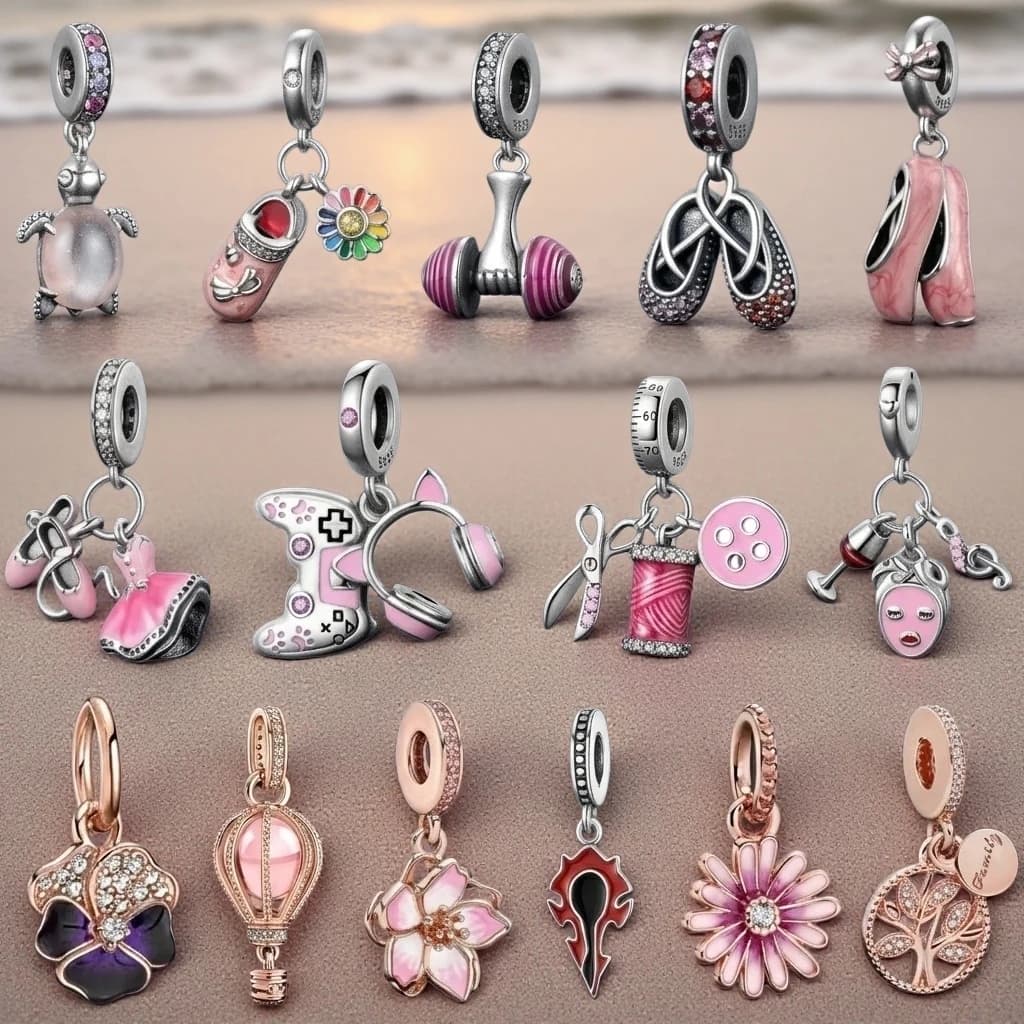 Women for Jewelry DIY Charms Beads Pink Style Dangle Ballet Shoe Turtle Dumbbell Pendant 925 Sterling Silver Accessories