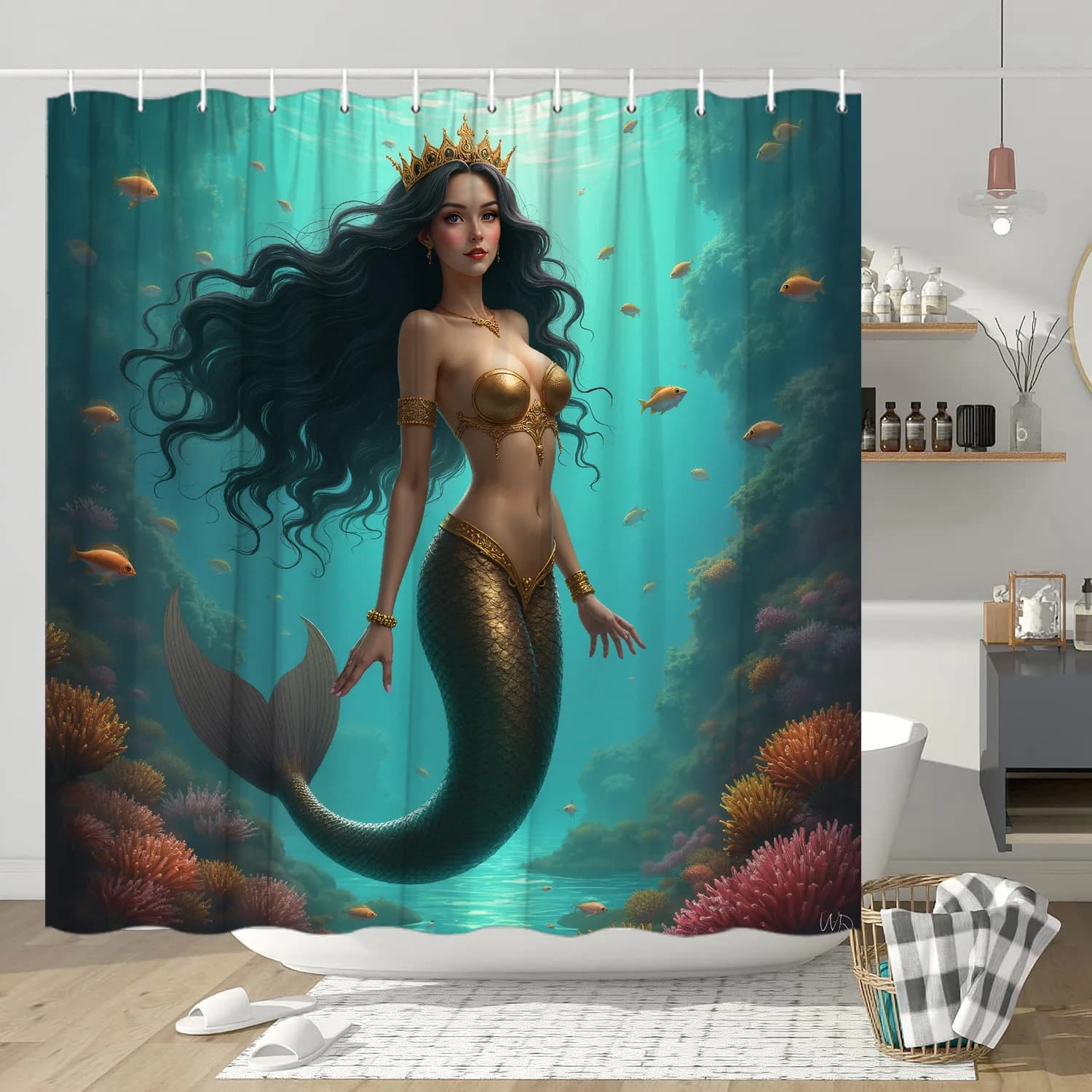 Tenda da Doccia Realistica con Sirene - Principessa Sottomarina, Motivo Fantasia Vita Marina, Decorazione Impermeabile per il Bagno