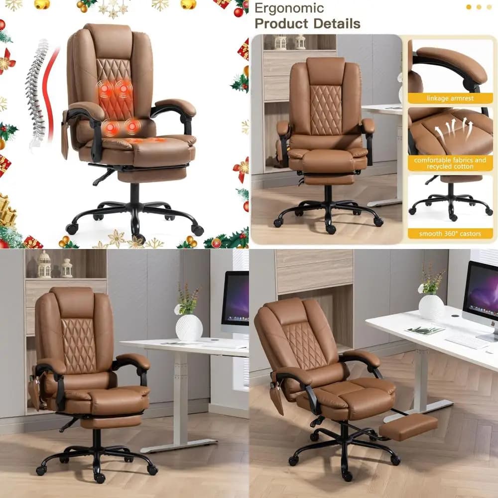 Sedia da ufficio ergonomica con schienale alto in pelle PU con massaggio a 6 punti, poggiapiedi e supporto lombare, sedia da scrivania reclinabile, marrone