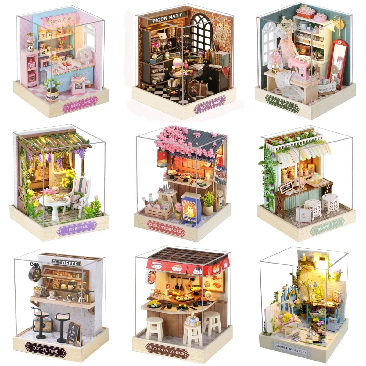 Kit modello in miniatura in legno fai-da-te Fiori di ciliegio giapponesi Noodles Shop Casa Puzzle 3D Villa Casa delle bambole con mobili Regali per amici