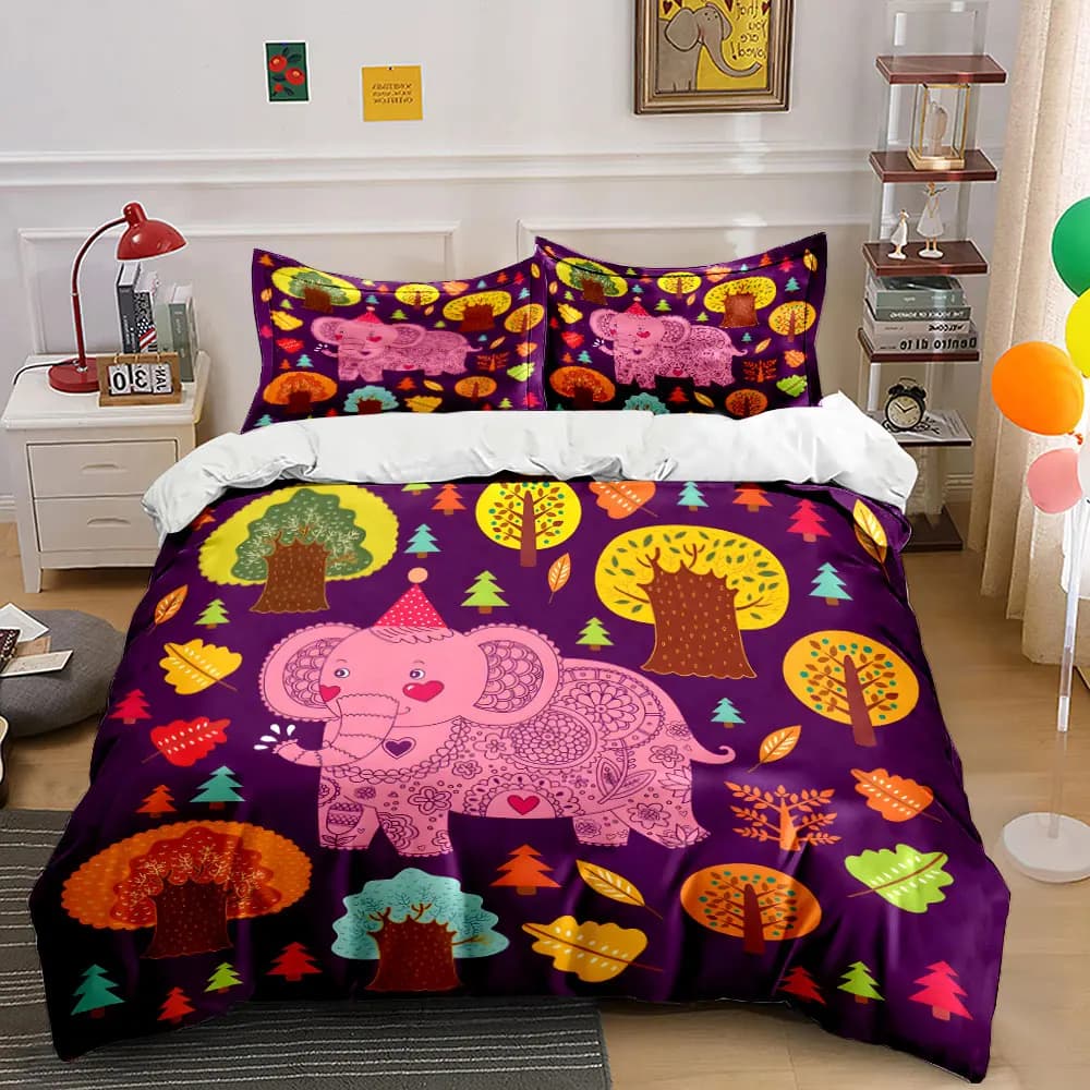 Set copripiumino con motivo elefante rosa e foresta, stampa digitale, biancheria da letto colorata in poliestere con chiusura a cerniera, per regali per bambini