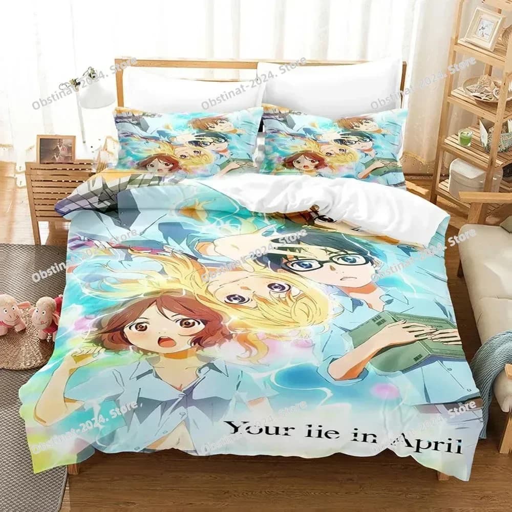 3D Anime La tua bugia in aprile Kaori Miyazono Set biancheria da letto Copripiumino Completo Queen King Size Federa Letto Stampato Aldult Camera da letto per bambini