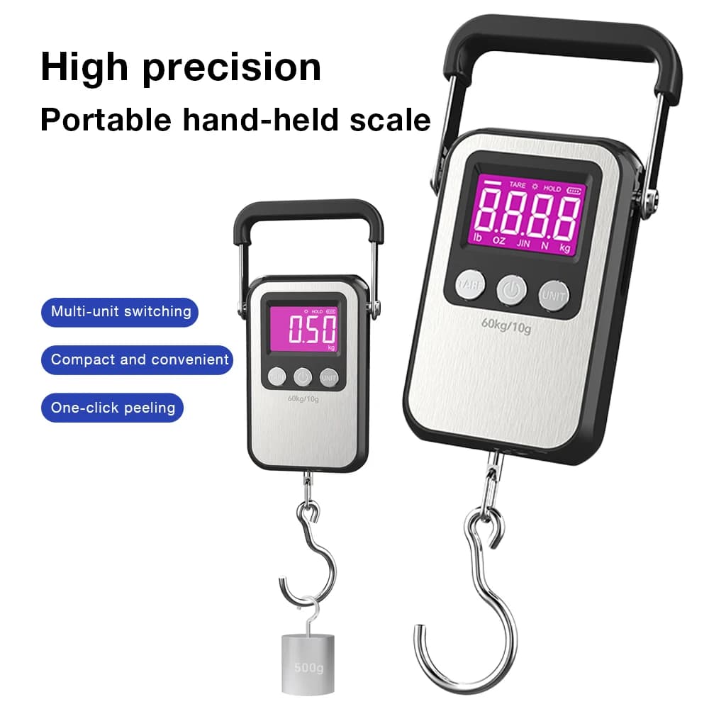 Bilancia Digitale Portatile da 60Kg/10g con Gancio di Precisione, Display LCD, Ricaricabile, per Pesare Bagagli e per la Pesca Domestica