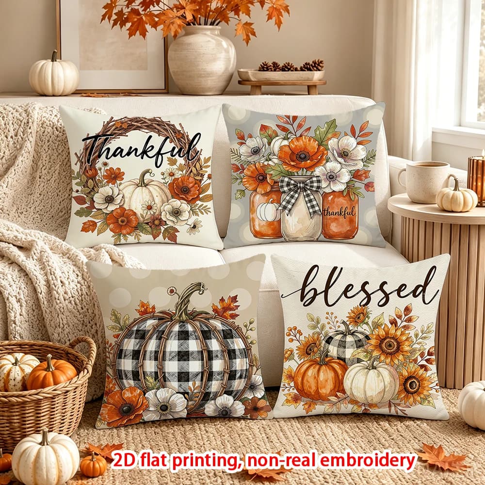 4PCS Fall Sweet Fall Pumpkin Throw Pillow Covers, Rustic Autumn Farmhouse Decorative Cushion Cases for Sofa Couch