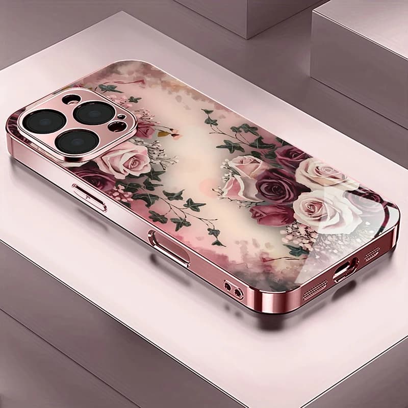 Custodia per telefono in vetro temperato metallizzato rosa con motivo a rose di lusso per iPhone 17 16 15 14 13 12 11 Pro Max 15 Plus 17 Air 16E Cover