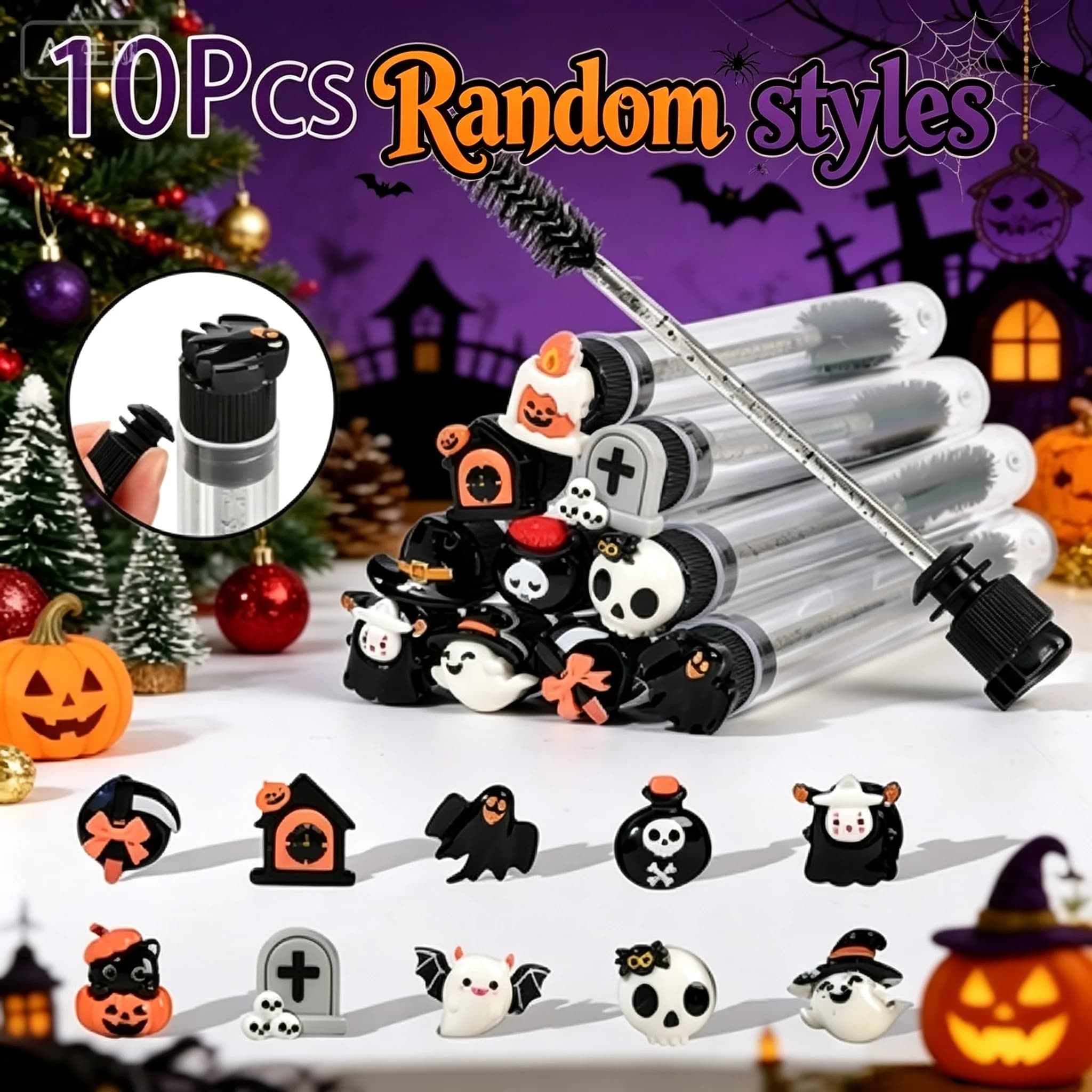 10pcs Halloween Mascara Wand Tube Spooky Eyelash Extension Brush Spoolie Eyebrow Grooming Makeup Tool Horror Party Favor Gift