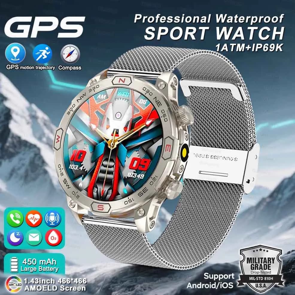 2025New Outdoor Smart Watch 1.43 "1ATM Waterproof Watches Bluetooth Call Smartwatch GPS motion detector for Android IOS