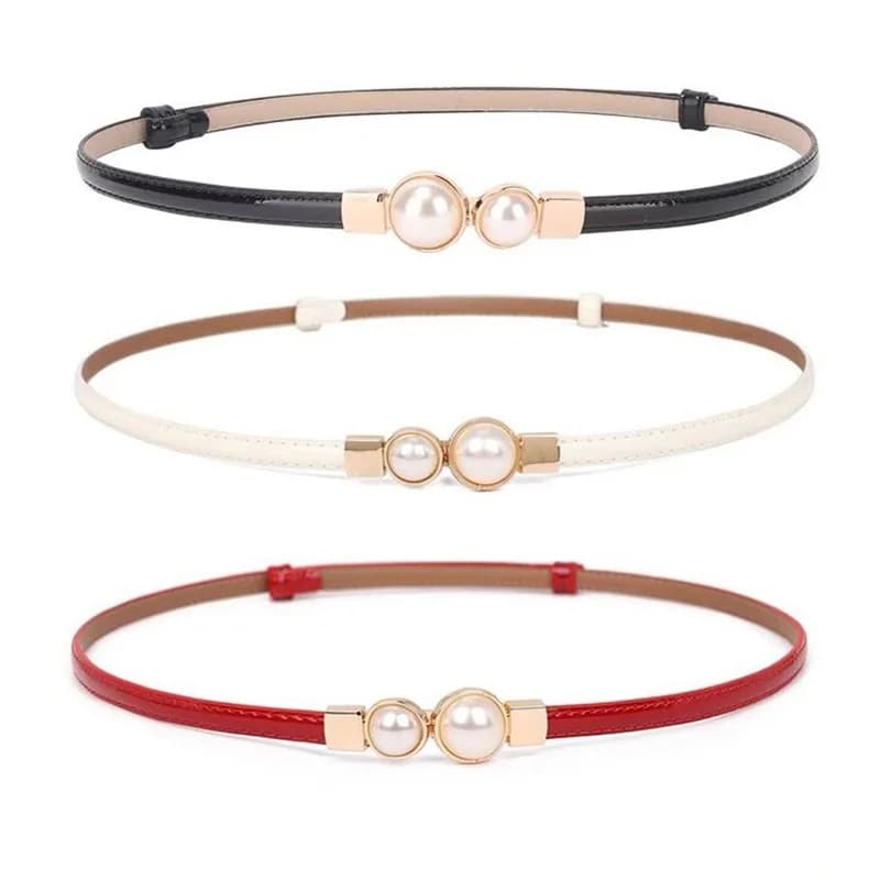 Cintura nera da donna con finitura a specchio - Cinturino sottile con fibbia in perla per abiti eleganti Cincher in vita regolabile