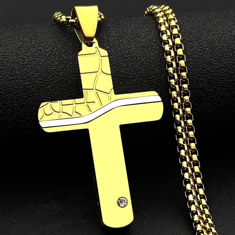 Collana con Ciondolo a Croce Cristiana con Strass per Uomo e Donna, in Acciaio Inossidabile, Colore Oro, Catena Punk, Amuleto, Regalo di Gioielleria