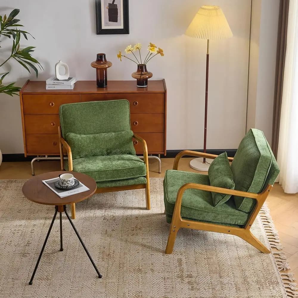 Set di 2 Poltrone Stile Century Verde Oliva con Cuscino e Supporto Lombare per Salotto, Soggiorno o Sala Lettura