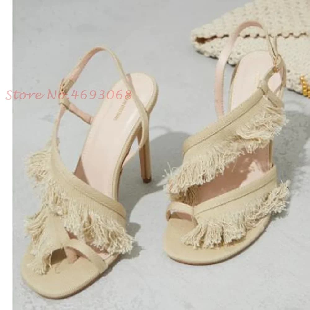 Sandali di stoffa con frange Beige per donna sandali con fibbia con cinturino incrociato punta aperta tacco a spillo scarpe eleganti da casa Casual con tacco alto