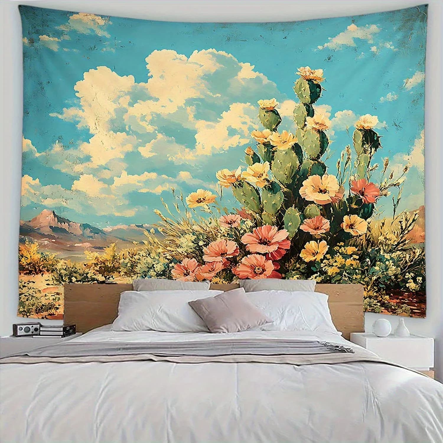 Southwestern Cactus Sunset Tapestry-Decorative Bedroom Tapestry with pink Flowers on the Wall Bohemian
