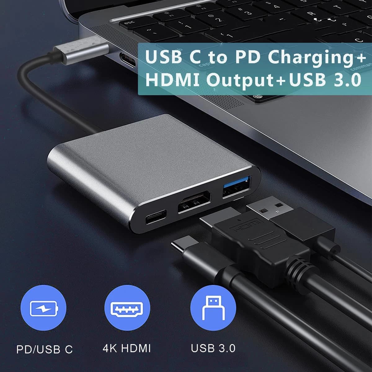 USB C HUB 3in1 Tipo C 3.0 a Docking station compatibile con HDTV PD Carica rapida Adattatore HDTV 4K Splitter per MacBook