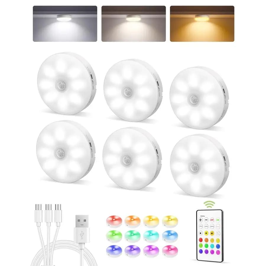 6 Pezzi Illuminazione Sottopensile, Luce a Sensore di Movimento Ricaricabile con Telecomando, 3 Temperature di Colore e 12 Colori RGB, Fissaggio Magnetico