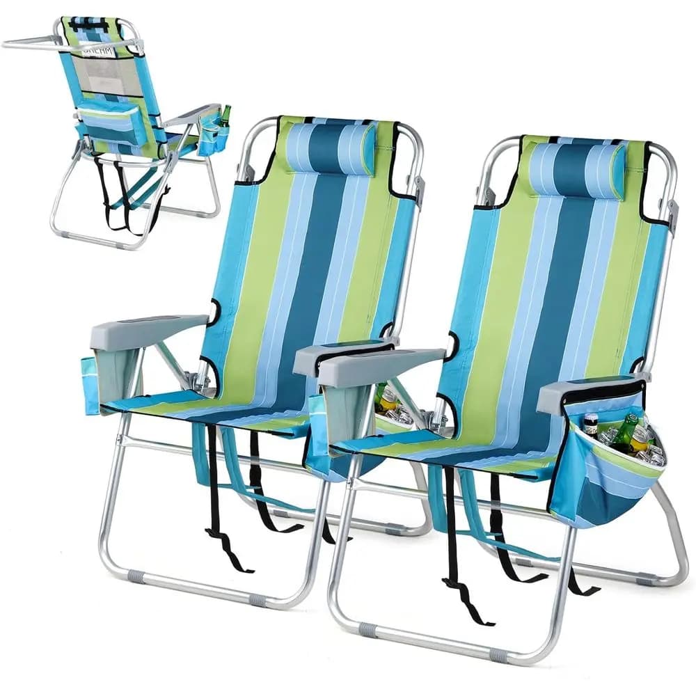 Set di sedie da spiaggia leggere in 2 pezzi per adulti con zaino, regolazione a 5 posizioni, borsa termica, portabicchieri e portasciugamani - I