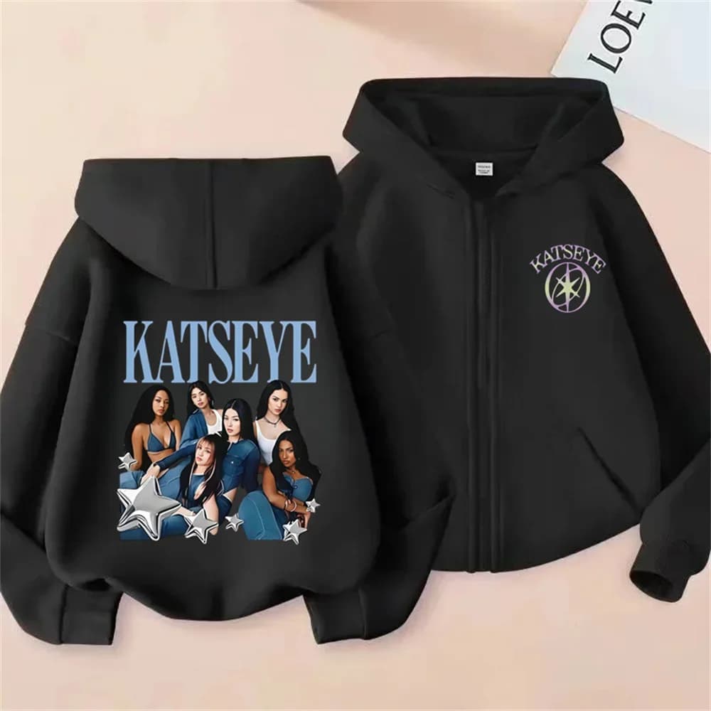 Felpe con Zip per Bambini con Stampa Kpop Katseye, Felpa Casual con Cappuccio, Abbigliamento Streetwear per Bambini, Top con Zip per Ragazze e Ragazzi