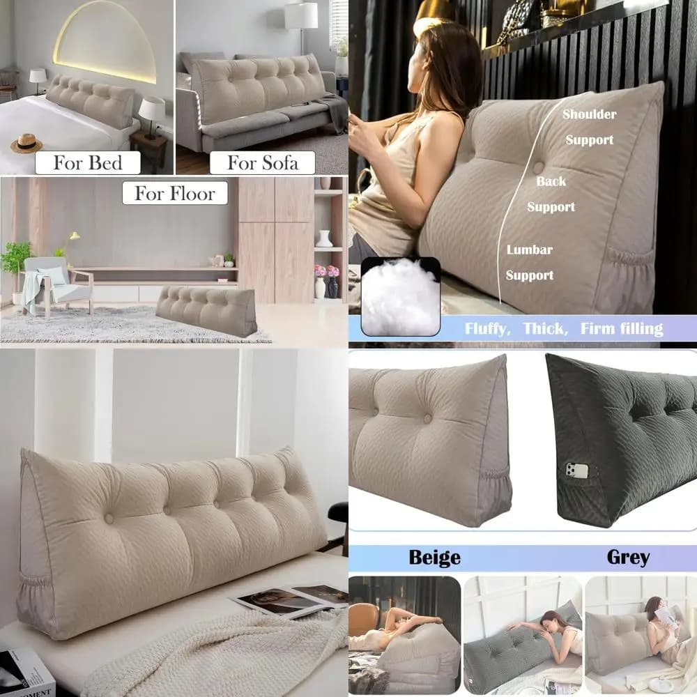 Wedge cushion for natural size bed with removable lining and side pockets, beige