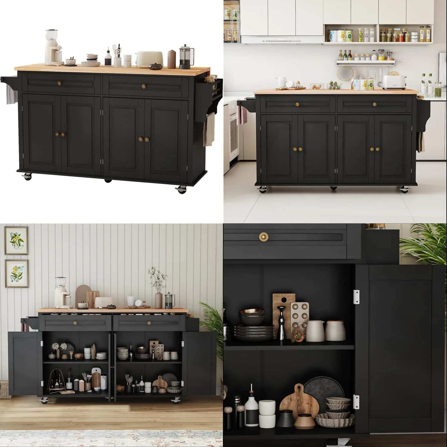 Carrello da Cucina Mobile con Isola, Piano Ribaltabile, Mobiletto per Colazione, Cassetto Portaoggetti, Portaspezie e Portasciugamani, Nero, Personalizzabile