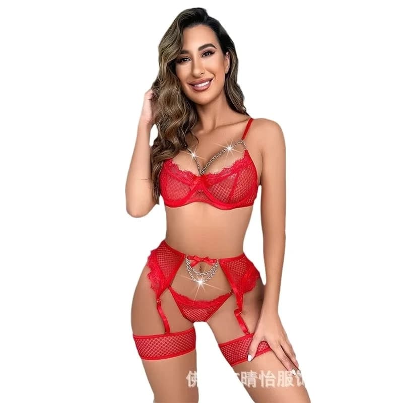 Bikini lingerie with mesh panels, eyelash lace, hanging chain, design, sexy four-piece swimsuit