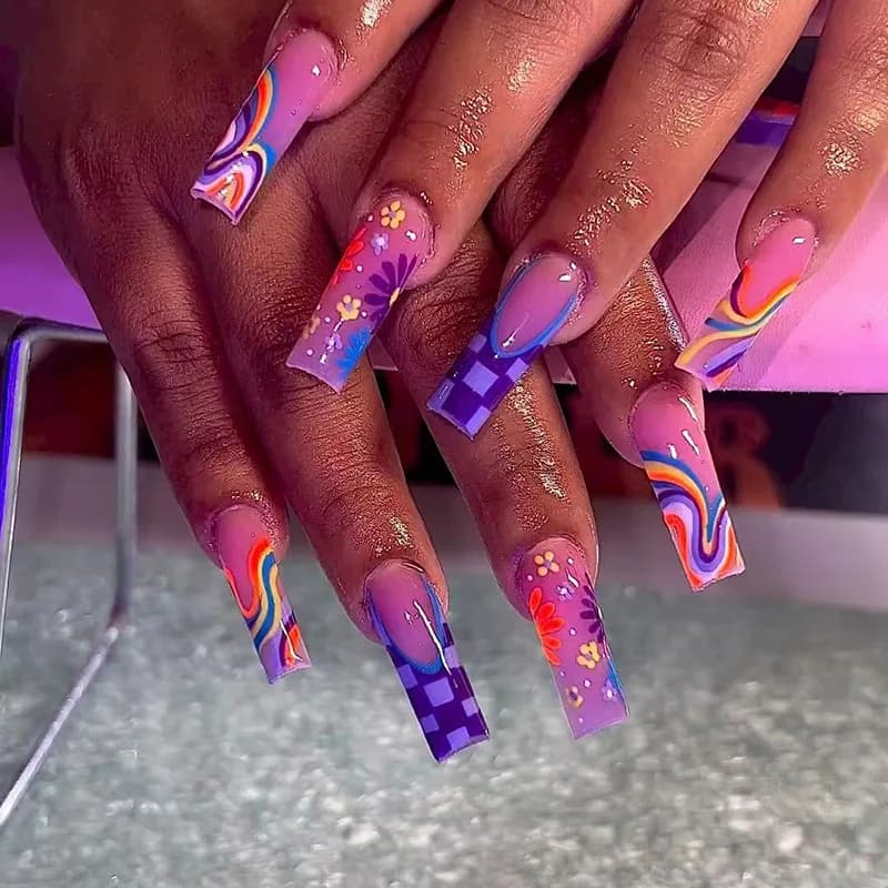 24 pieces long square purple nails fake art print on lines design floral coffin set manicure tips reusable for finished fake nails