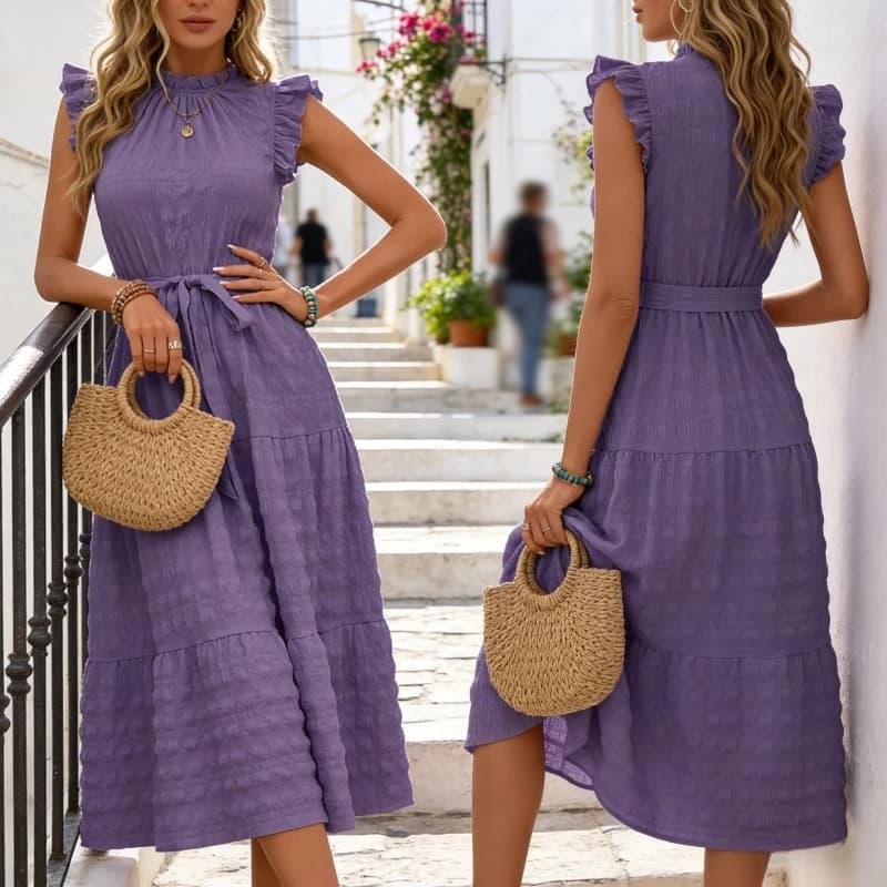 Women's Summer Midi Dress 2026 Chic New Vintage With Edged Sleeve, Volant Sleeves, Veneer and Belt, Holiday Casual, Testurized