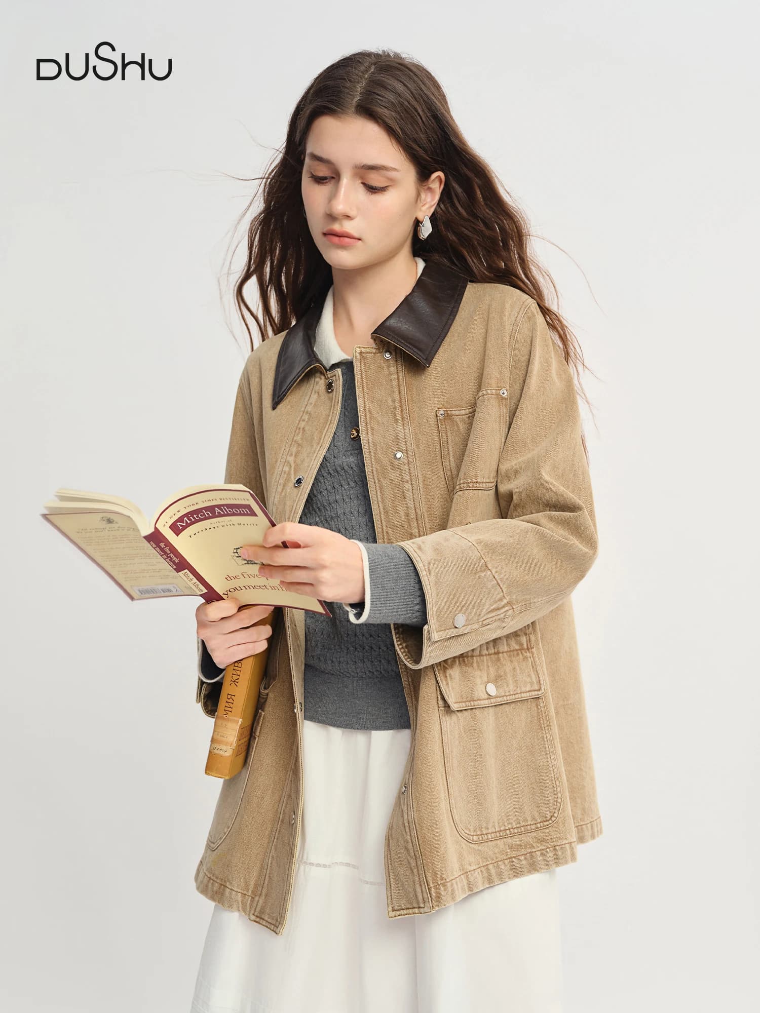 DUSHU Women's jeans jacket strong size barn Style Contrast color Washed Short coat of jeans 2025 Autumn New Arrival Casual outerwear