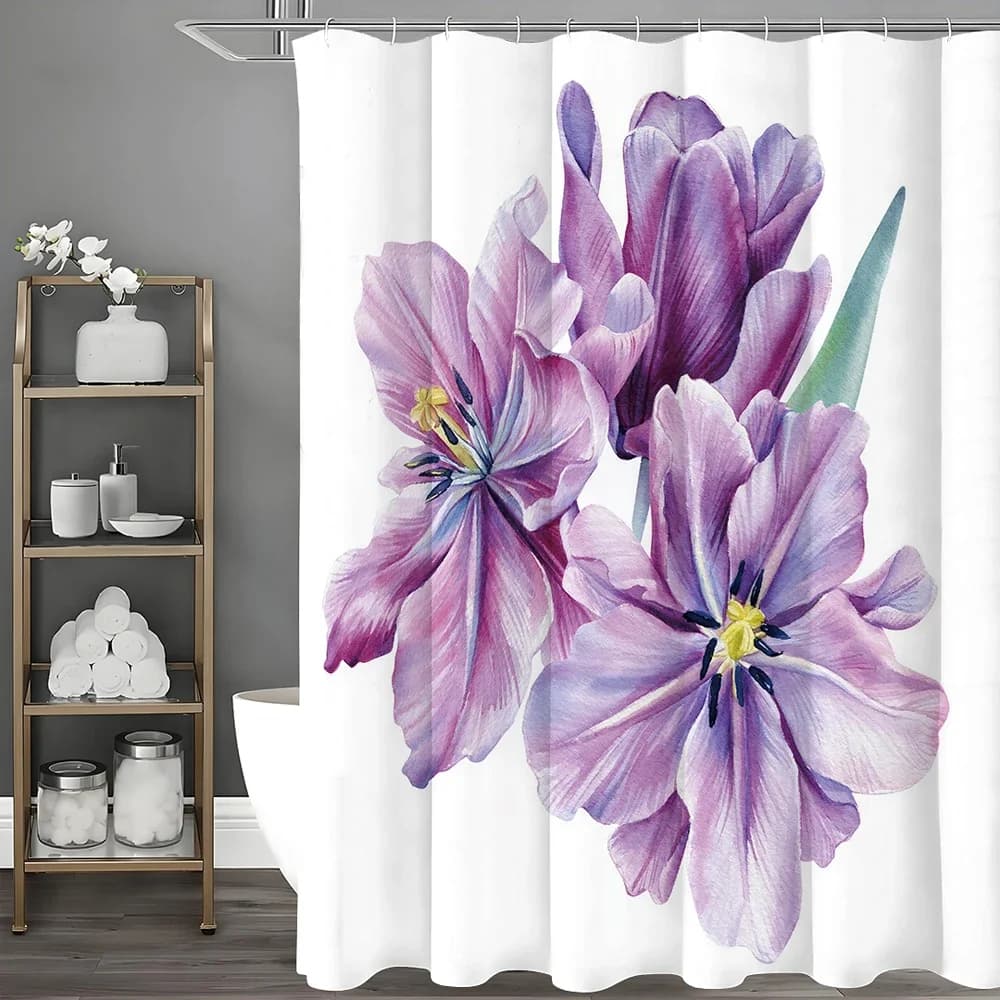 Tenda da doccia floreale acquerello viola, tenda da doccia decorativa per bagno, tenda da doccia impermeabile con ganci