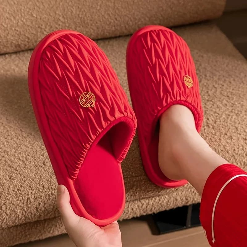 ZUOFU Unisex Red Wedding Couple Plush Cotton Slippers, Autumn Winter Warm Soft Sole Non Slip Indoor Home Closed Toe Shoes