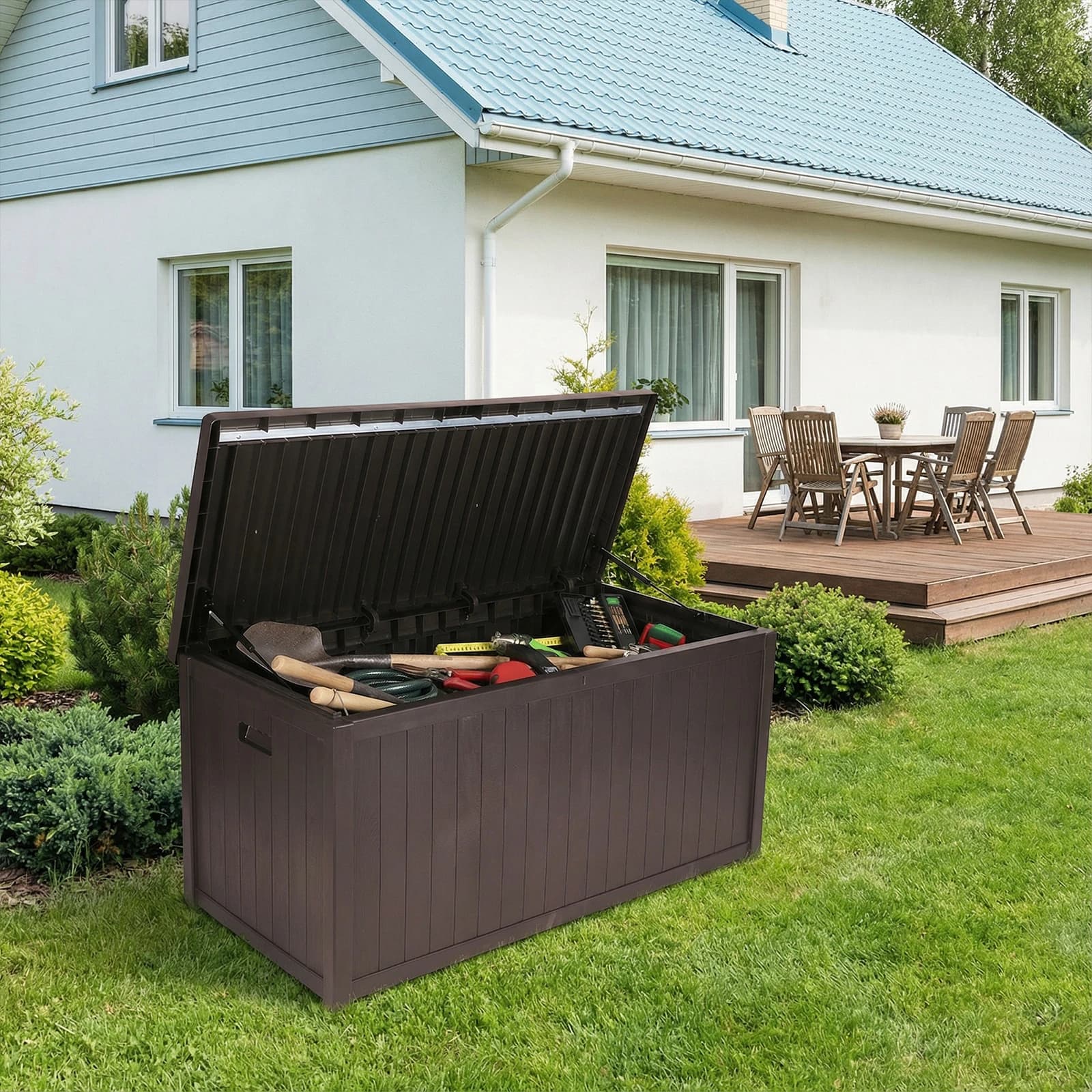 Grandi Contenitori da Esterno con Serratura, Box Impermeabile per Giardino, Cuscini, Attrezzi e Accessori per Piscina